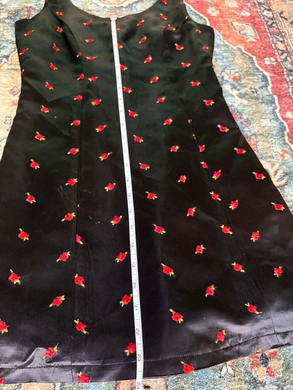 Rare! Vintage Betsey Johnson Black Satin Mini Dress with Red Rose Embroidery - Picture 9 of 11
